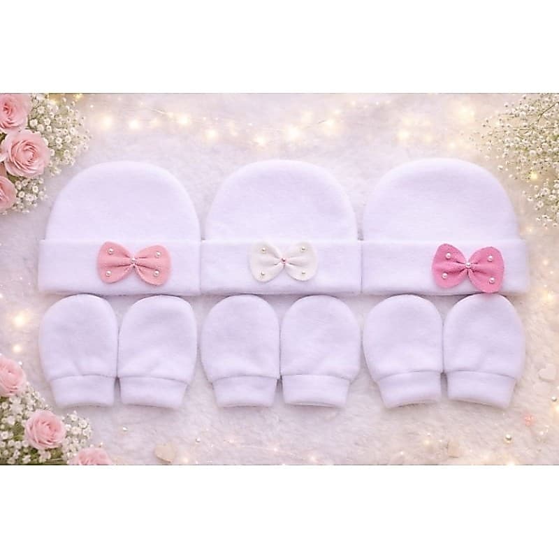 Kit Touca e Luva branca Menina em Soft -tem3 Toucas 3 Pares de Luvas Enxoval Recém-Nascido 0 a 2 meses Macio Confortável