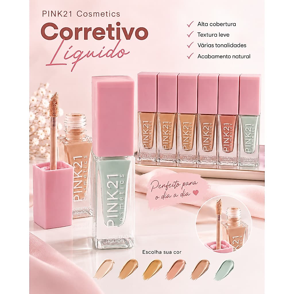 Corretivo Líquido Pink 21 Alta Cobertura Acabamento Natural 6 Cores