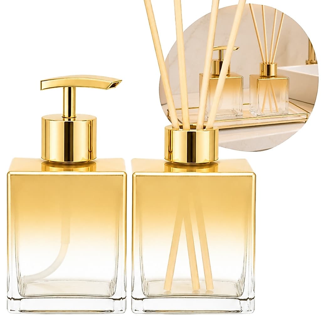 Kit Lavabo Banheiro  Porta Sabonete Líquido Difusor Aromatizador Vidro Dourado