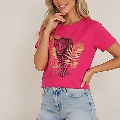T-shirt Feminina 100% Algodão Peruano Blusa Camiseta Estampa Onça Leopardo Folha Dourada Premium Camisa Manga Curta