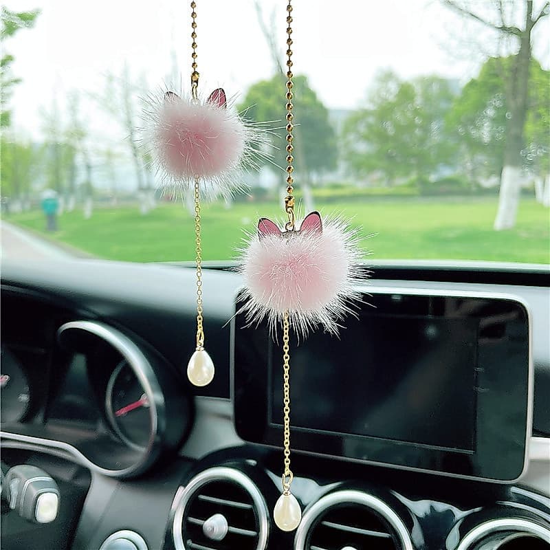 Acessórios De Pendurar Espelho Retrovisor Para Mulheres , Bola De Pelúcia Branca/Rosa Carros , Ornamento Da Sorte Pendan