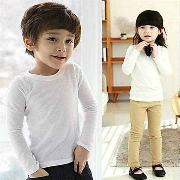 Algodão puro meninos crianças médias roupas de outono cor sólida meninas de manga comprida roupas infantis camisa branca