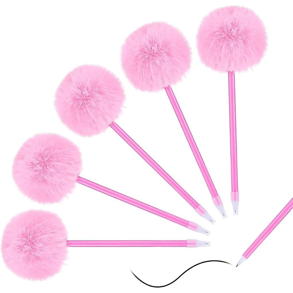 Canetas Pom Pom 5 Peças, Canetas de Gel com Ponta Fina, Caneta Rosa Fofa e Adorável, Rollerball de Plástico para