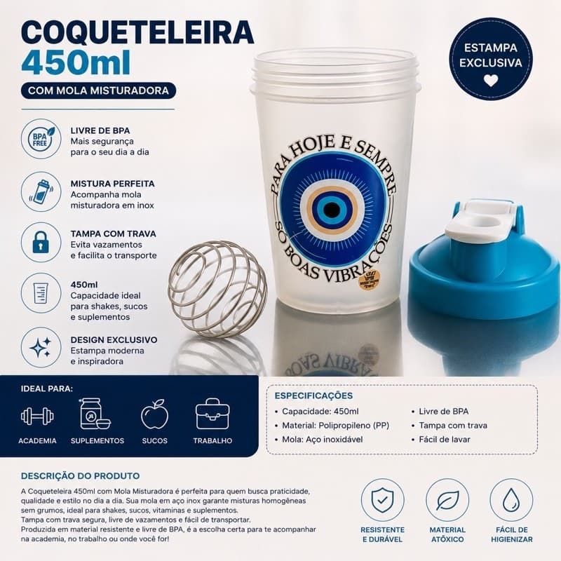 Coqueteleira 450ml com Mola Misturadora e Tampa com Trava – Squeeze Academia Shake Whey