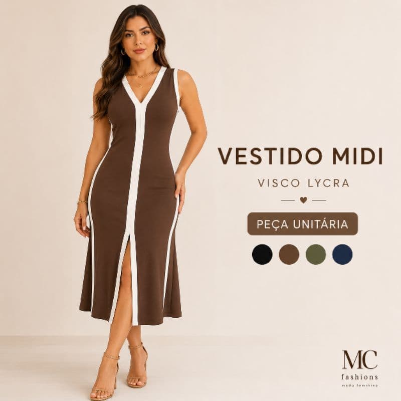 Vestido Midi Feminino Regata Visco Lycra Fenda Central Elegante Casual