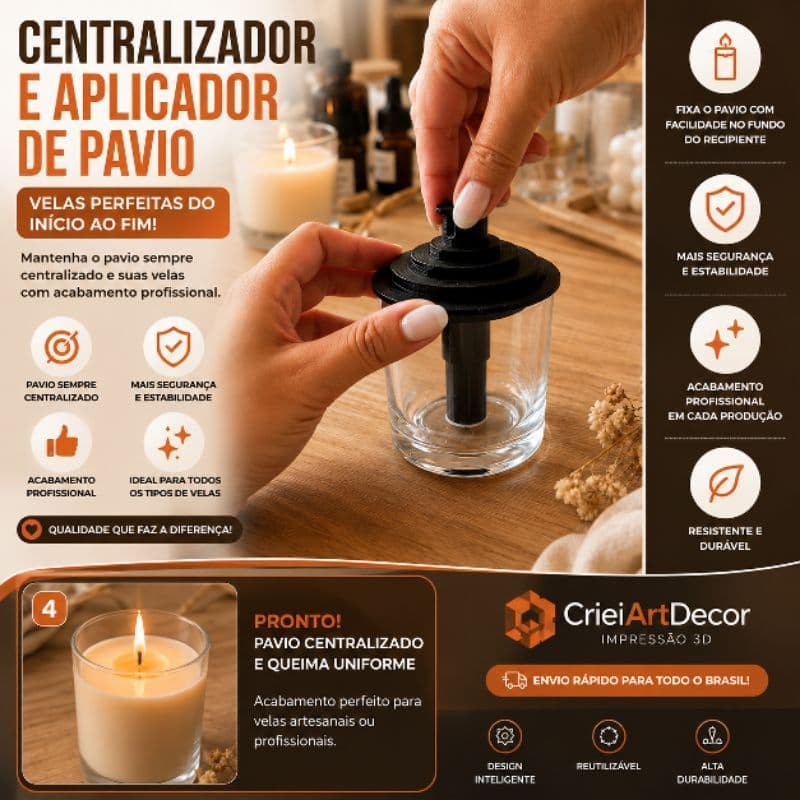 Aplicador e Centralizador de Pavio para Velas - Compatível com varias medidas de Potes , copos de velas