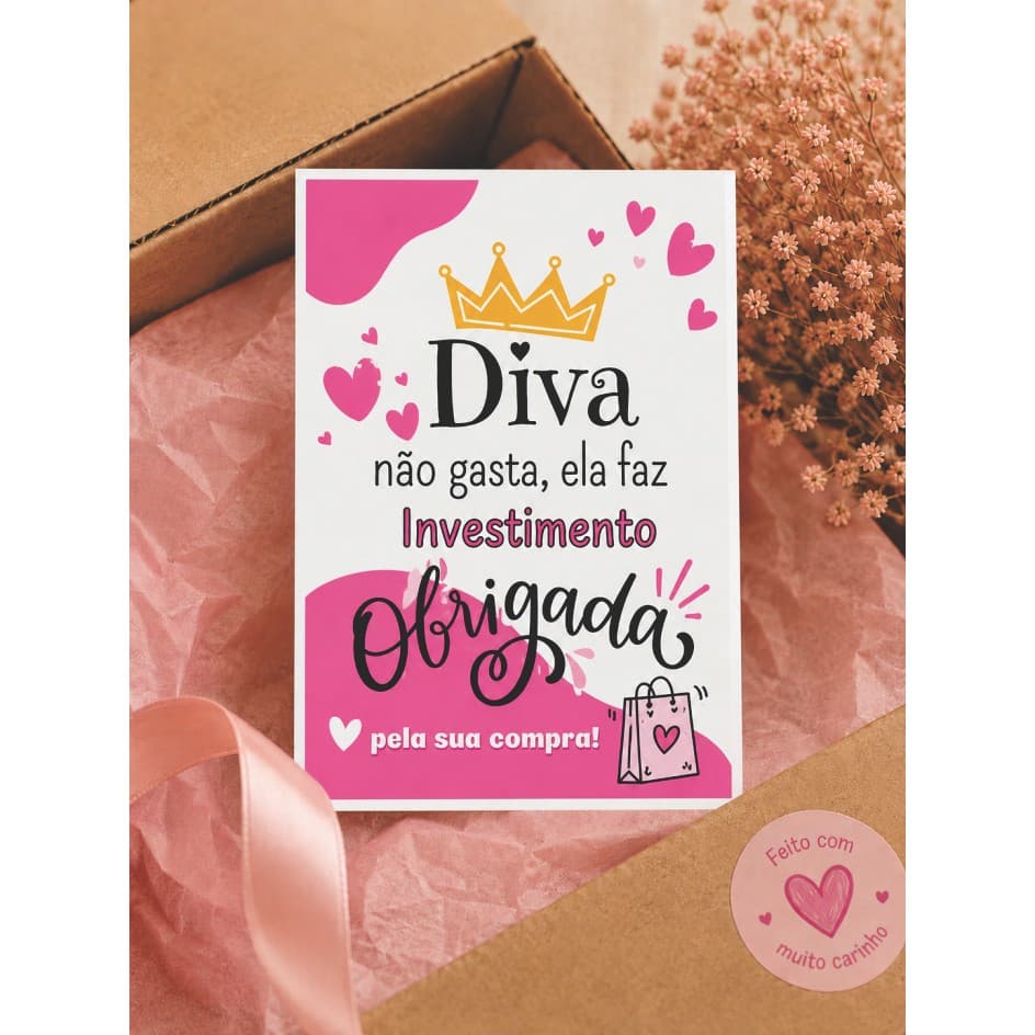 200 Cartão DIVA Agradecimento Cliente Mimo Rosa Obrigada Pela Compra 7X10cm Papel Fotográfico Brilho180g