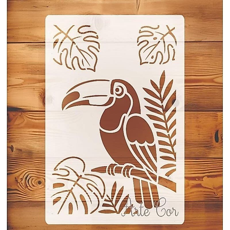 Estencil Tucano com folhagens 30 x 20 cm / n. 214 pintura e confeitaria