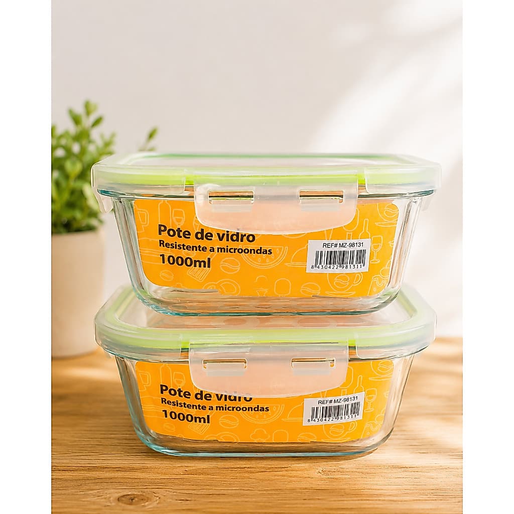 Kit 2 Potes De Vidro Hermetico 1000ml Quadrado Transparente Tampa Verde Vedação Hermetico ideal