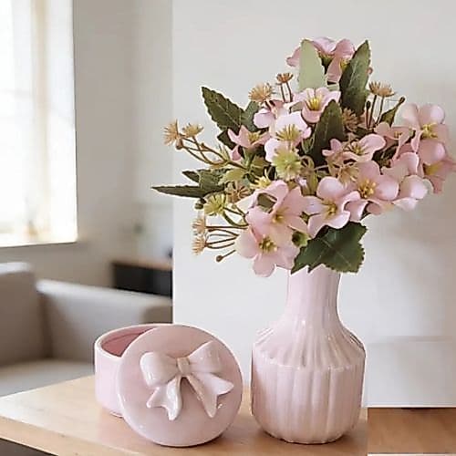 Vaso Porcelana Tecel + 1 1tem + 1 Jarro Bojudo Rose Brilho
