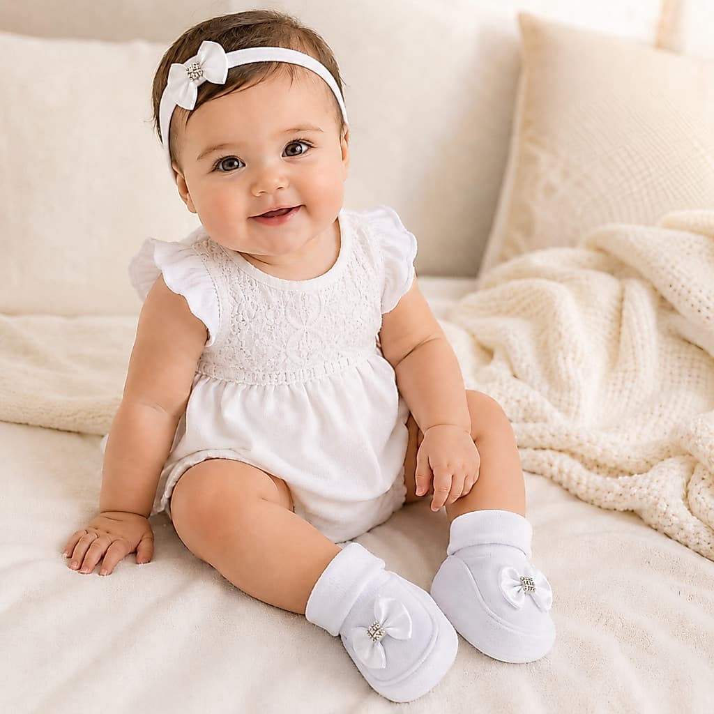 Kit Sapatinho Bebê Menina + Tiara Laço Strass 100% Algodão Recém Nascido 0 a 6 Meses Pantufa Meia Enxoval Presente Bege