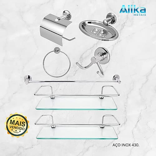 kit 5 acessórios aço inox para banheiro, lavabo + 2 prateleiras de vidro porta shampoo