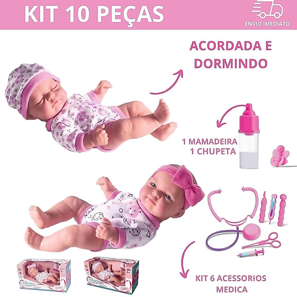 Bebê Reborn Boneca Com Chupeta Com Mamadeira Petit Cheirinho de Amor - Acordada e Dormindo Kit Doutora Com Som