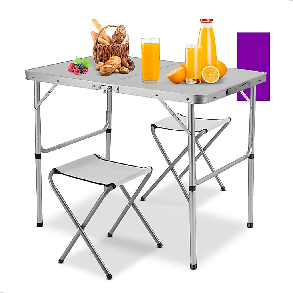 Mesa Dobravel Portatil Vira Maleta de Camping Praia 90x60 com 2 Banquinhos Leve Pratica Aluminio MDF