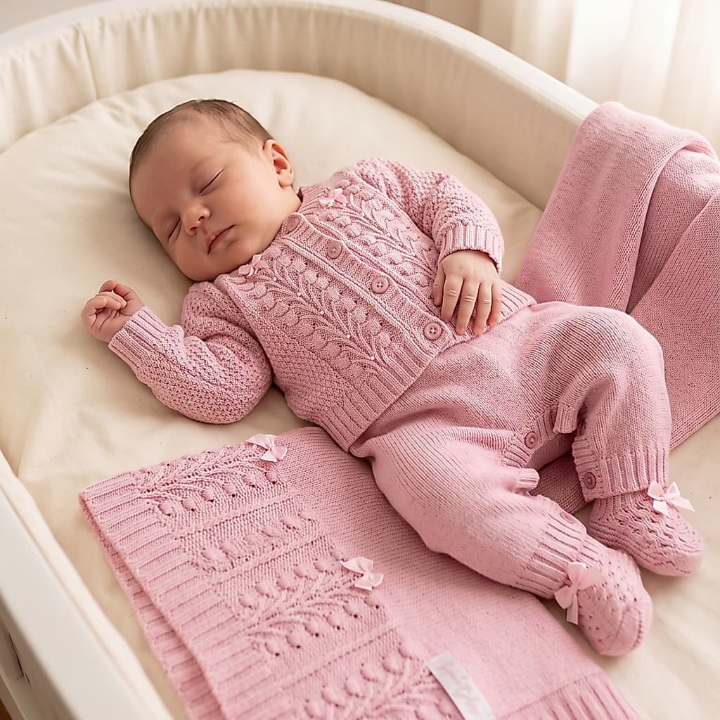 Kit Saída de Maternidade para Bebê em Tricô Lavanda 4 Peças