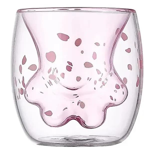 Copo Vidro Duplo Rosa Patinha Gato Pet Térmico