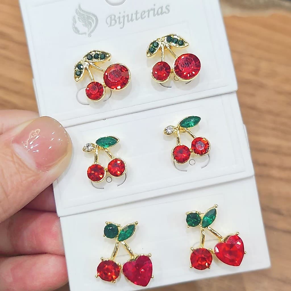 Brincos românticos de cereja e diamante para mulheres, brincos elegantes e fofos