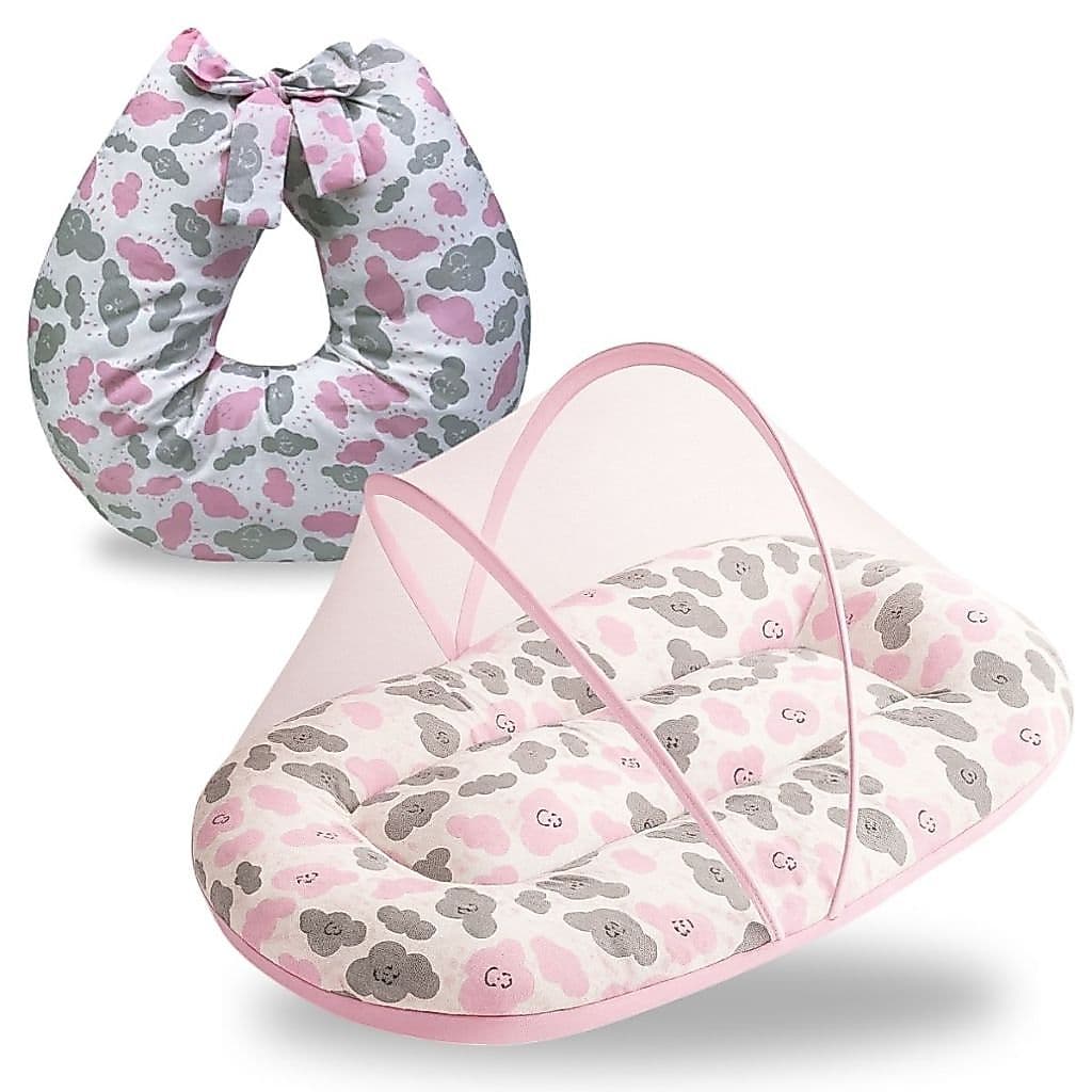 Berço Portátil Mosquiteiro e Almofada Amamentação 2 Peças Enxoval Menina Personagem Nuvem Rosa