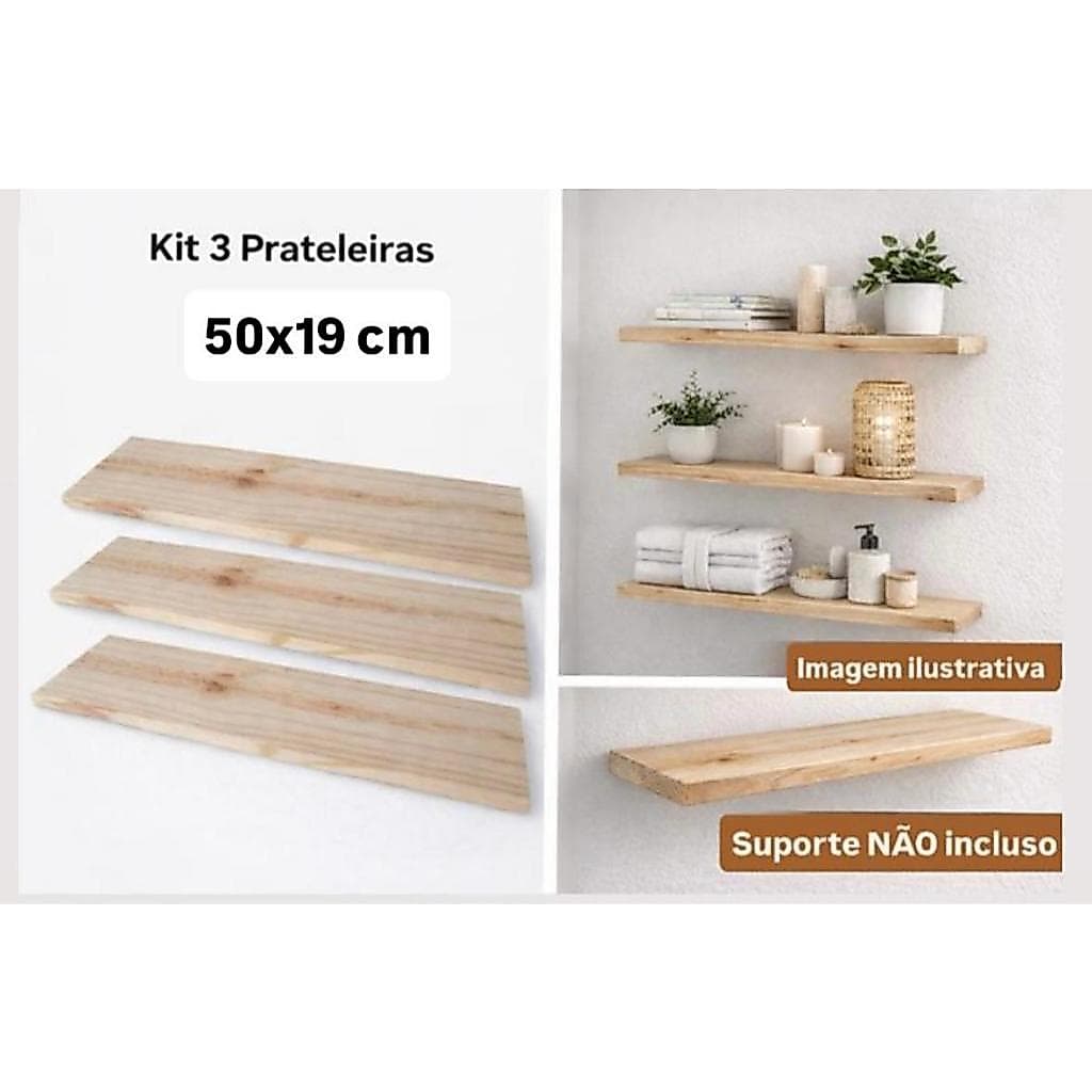 Prateleira de Madeira, Pinus, Tábua, Prancha, 50cm x 19cm, Kit com 3