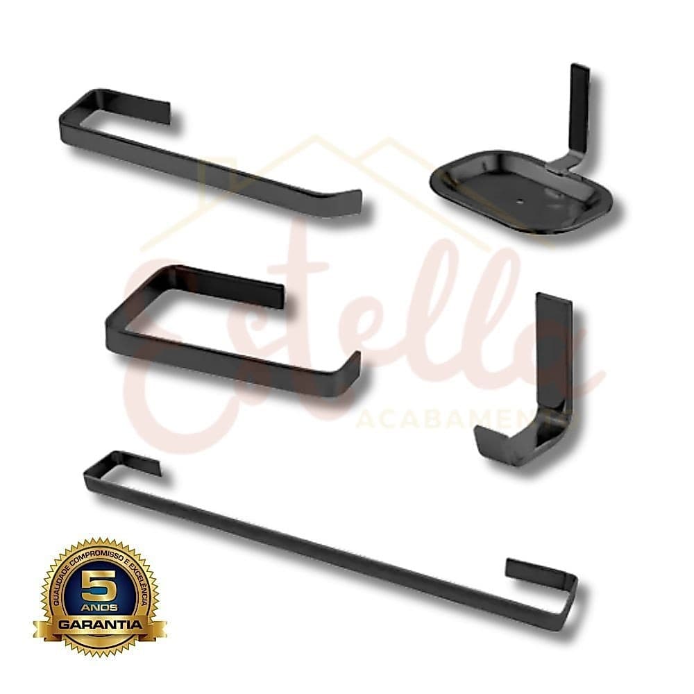 Kit 5 Peças Quadrado Preto Com Saboneteira Banheiro Acessórios Luxo