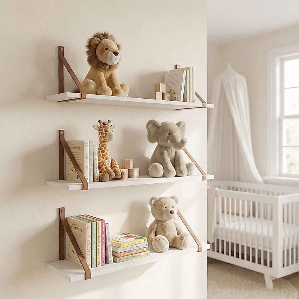 Kit 3 Prateleiras MDF Branco 80x20cm alças em couro Decoração  Quarto Infantil Organização Sala