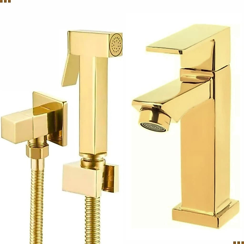 Kit Ducha Higiênica Metal Dourada Ouro e Torneira Bica Baixa Dourada Metal Ouro