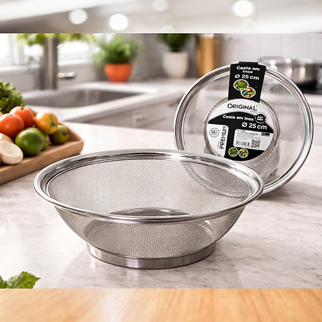 Cesta Premium em Aço Inox Escorredor de Massas 25cm Macarrão Alimentos Arroz 1 un- Original Line