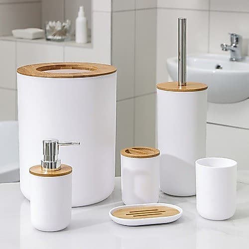 Kit de Banheiro Completo com 6 ou 4 Peças Lixeira com Tampa puxador couro Bambu para Lavabo Premium