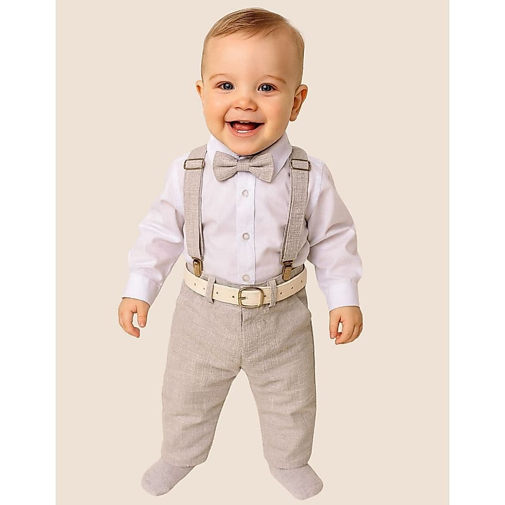 Conjunto Social Bebê Menino Camisa Branca + Calça com Suspensório Cinto Gravata Borboleta Batizado