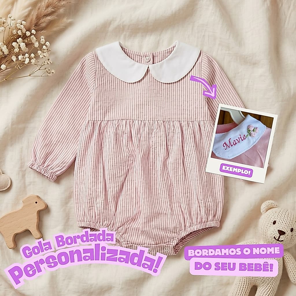Romper Manga Longa Gola Branca Personalizado com Nome do Bebê 100% Algodão P, M ou G