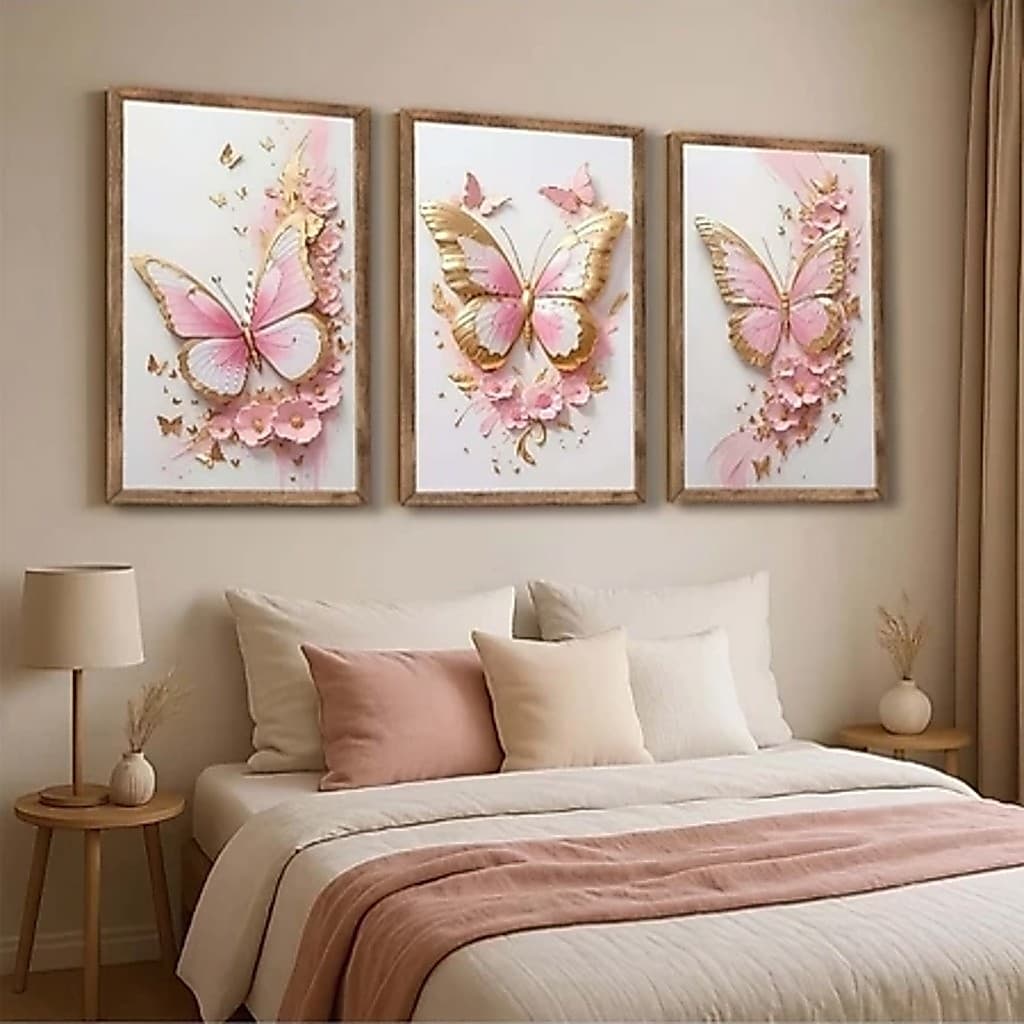 Kit 3 Quadros Decorativos Borboleta Rose Gold Acessórios Da Borboleta Estilo Luxuoso Sala De Estar Quarto Ou Escritório