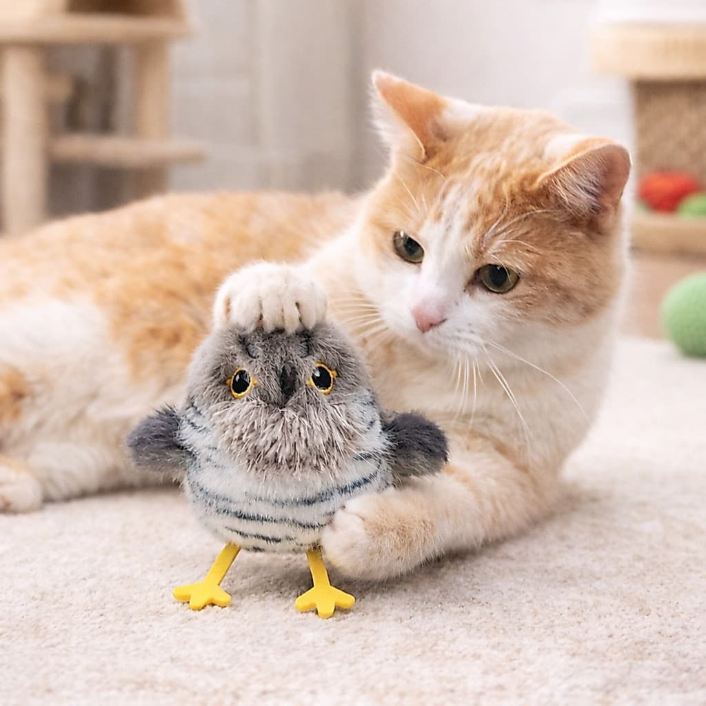Brinquedo Interativo para Gato Pássaro que Bate Asas e Pia USB Sensor de Toque Pelúcia Realista