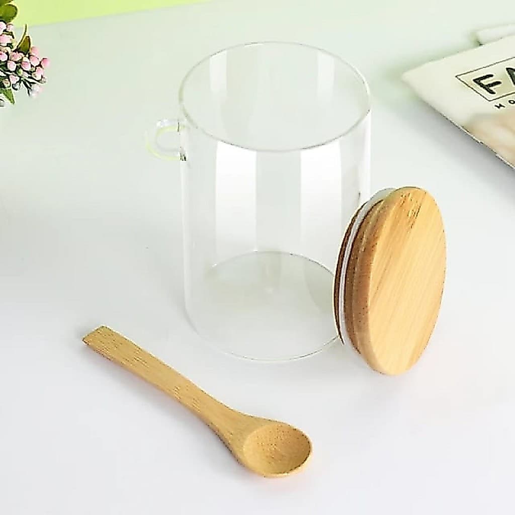 Pote De Vidro Com Tampa de Bambu Porta Tempero E Mantimentos Com Colher Hermético 500ml