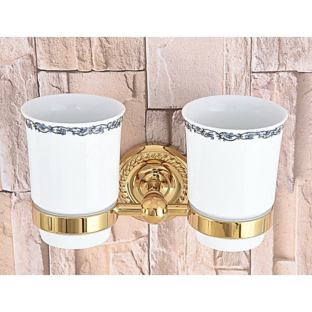 Luxo Dourado Latão Fixado Na Parede Titular Escova De Dentes Do Banheiro Conjuntos Hardare Suporte Copo Duplo Com 2 Rend