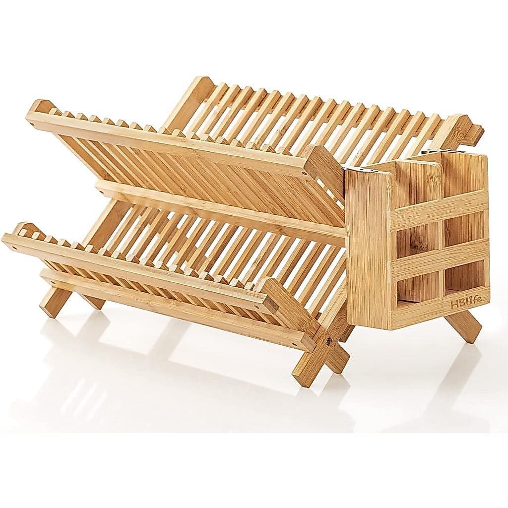 Escorredor de Louça HBlife, Escorredor Dobrável de Bambu de 2 Níveis com Suporte para Utensílios (Escorredor de Louça co