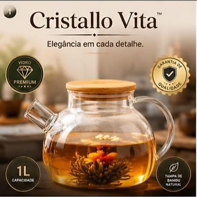 Chaleira de Vidro 1L com Tampa de Bambu Premium Cristallo Vita para Chá Café Sucos e Bebidas Quentes e Frias