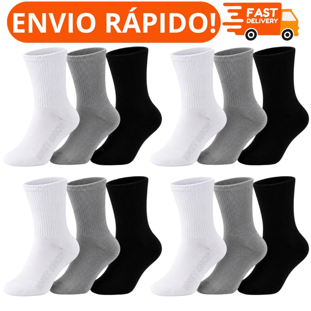 Meia Masculina Cano Alto Sport Algodão Kit 3 6 12 15 Pares Esportiva Casual Academia