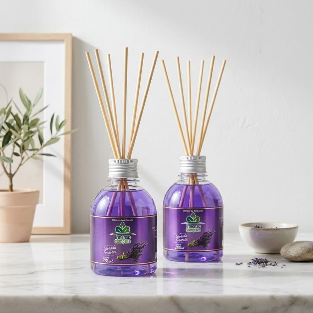 Kit Com 2 Difusores de Aromas Com Varetas Para Ambientes 280ml Aromas Fragâncias Lavanda Perfume