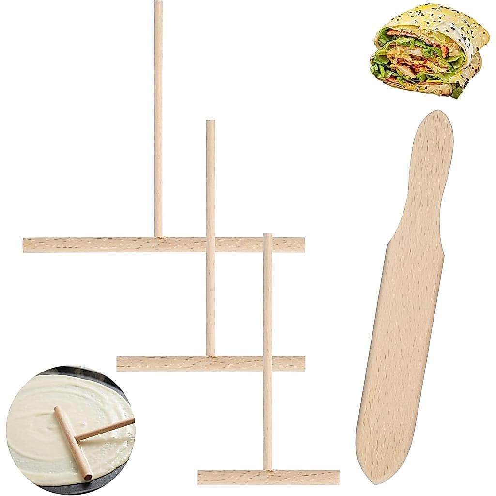 Conjunto de Espalhador e Espátula para Crepes, 4 Peças, Espalhador de Crepes de Madeira, 3 Espalhadores em Forma de T (3