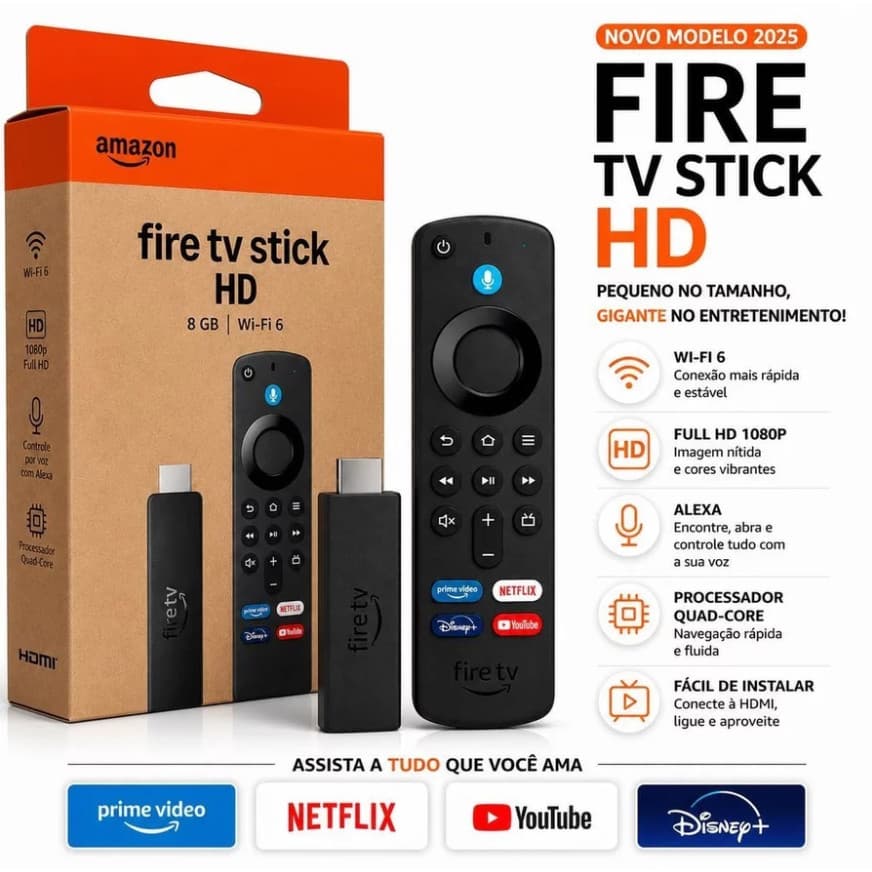 Novo Amazon Fire Stick TV Full HD 3ª Geração Alexa Comando de Voz Original - Preto