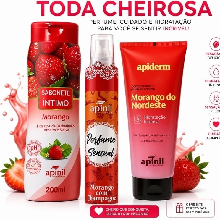 Kit Apinil Morango | Sabonete Íntimo 200ml + Perfume + Hidratante Corporal | Autocuidado Feminino