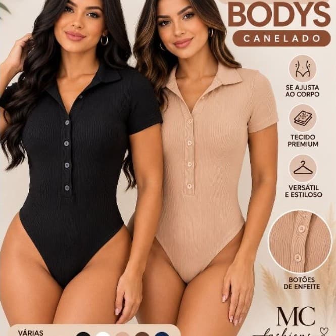 Kit 2 Body Feminino Canelado Gola Polo Manga Curta Botões Fake elegante/ casual