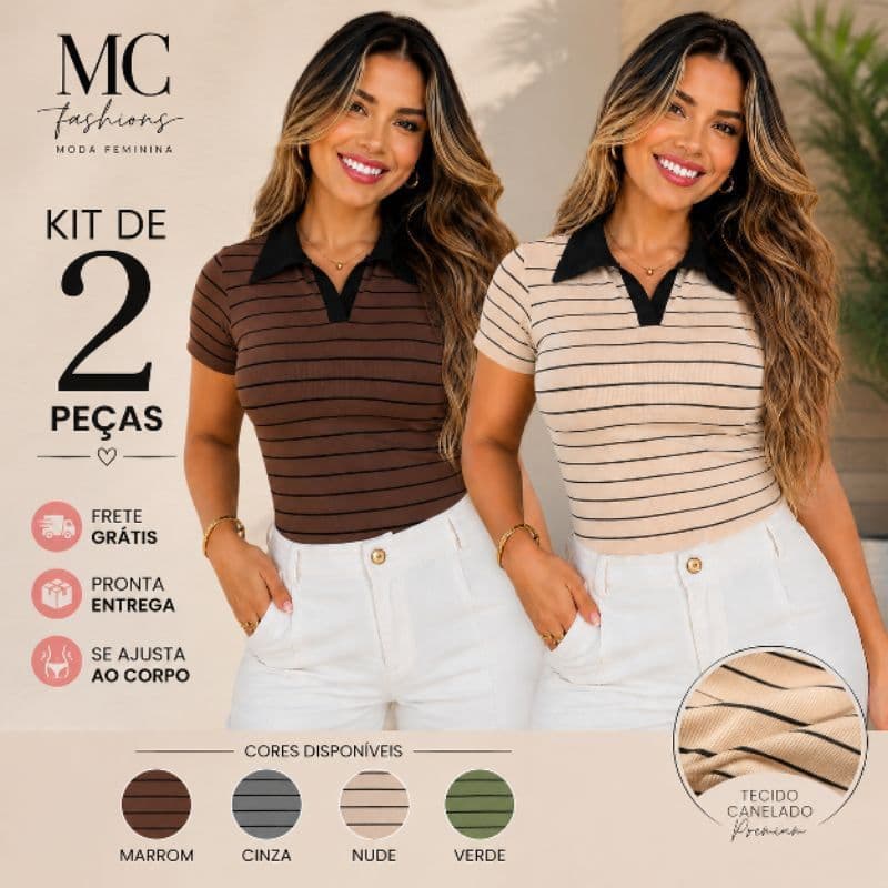Kit 2 Blusas Camisas Polo Feminina Canelada Listrada Manga Curta Elegante Casual baby look T-shirt Camiseta feminina