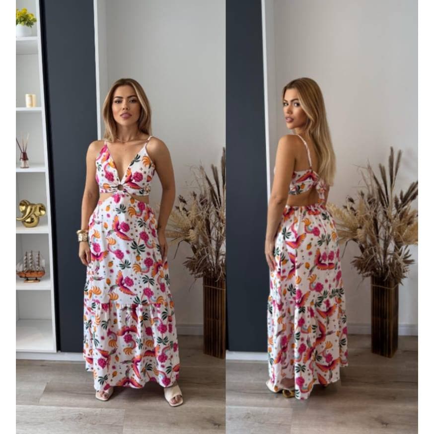 Vestido Longo Femenino Crepinho Estampado Tropical con Recorte na Cintura e Frontal Bojo Alça Fina