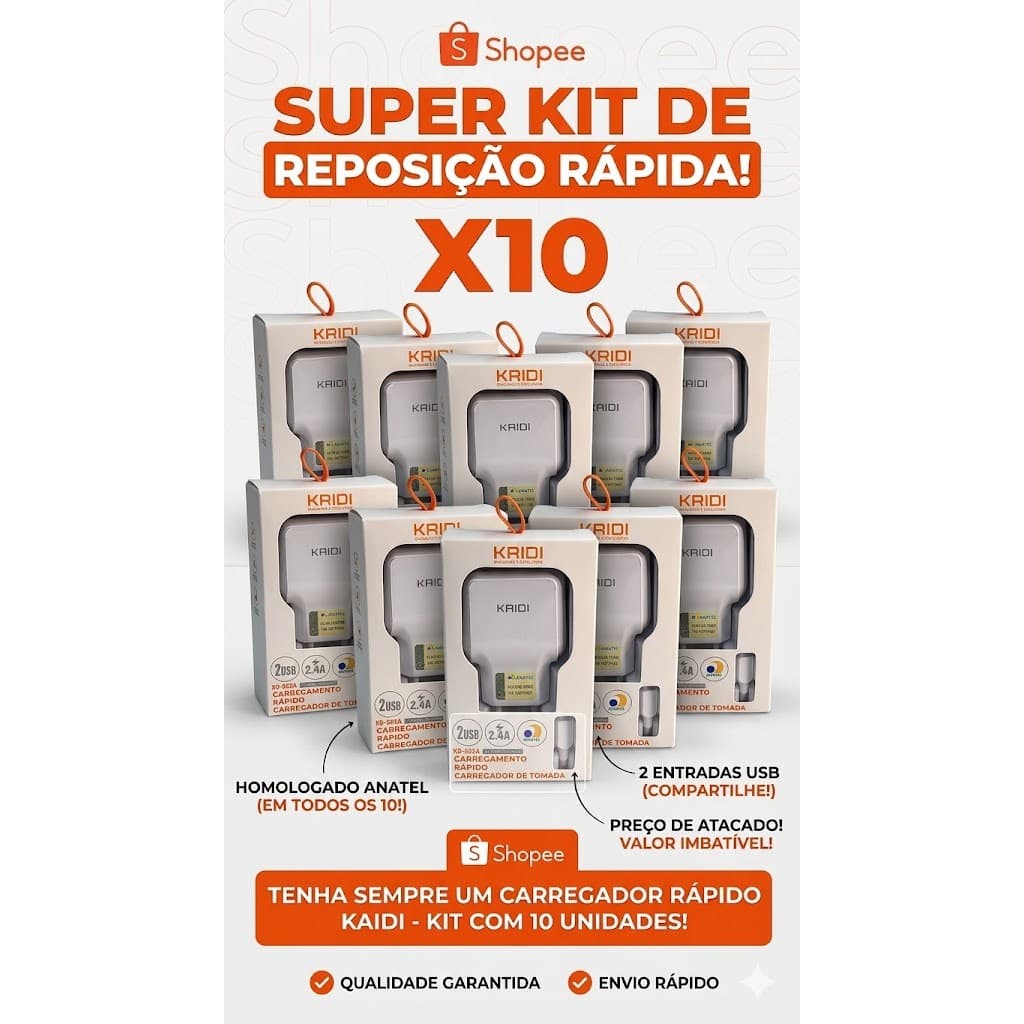 Kit 10x Fonte + Cabo Lightning Kaid