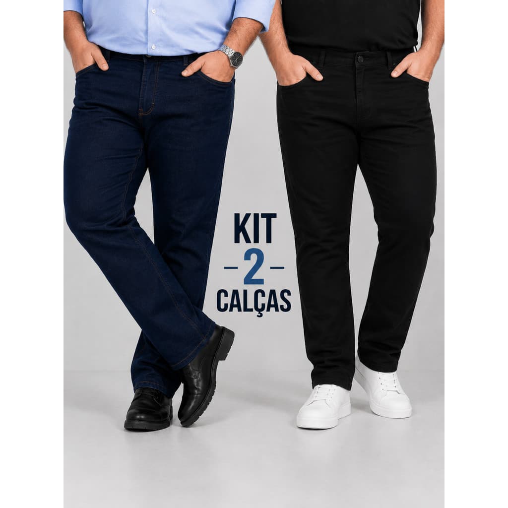 Kit 2 Calças Masculina Jeans Tradicional Plus Size Perna Larga Reforçada Elastano Reta Lycra Country