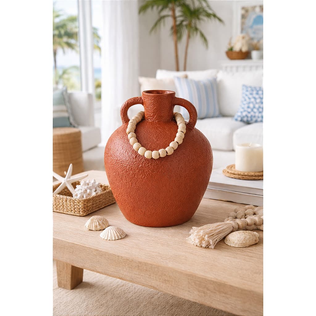 Vaso Decorativo Terracota com Colar de Madeira Grande