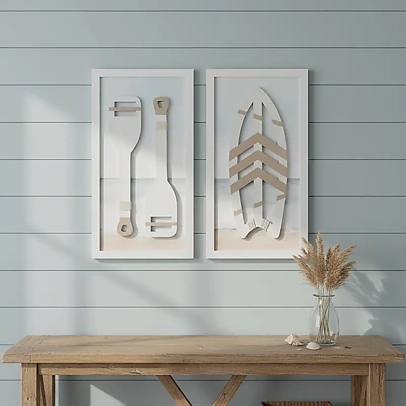 Kit 2 Quadros Decorativos Praia Prancha E Remo Relevo 3d