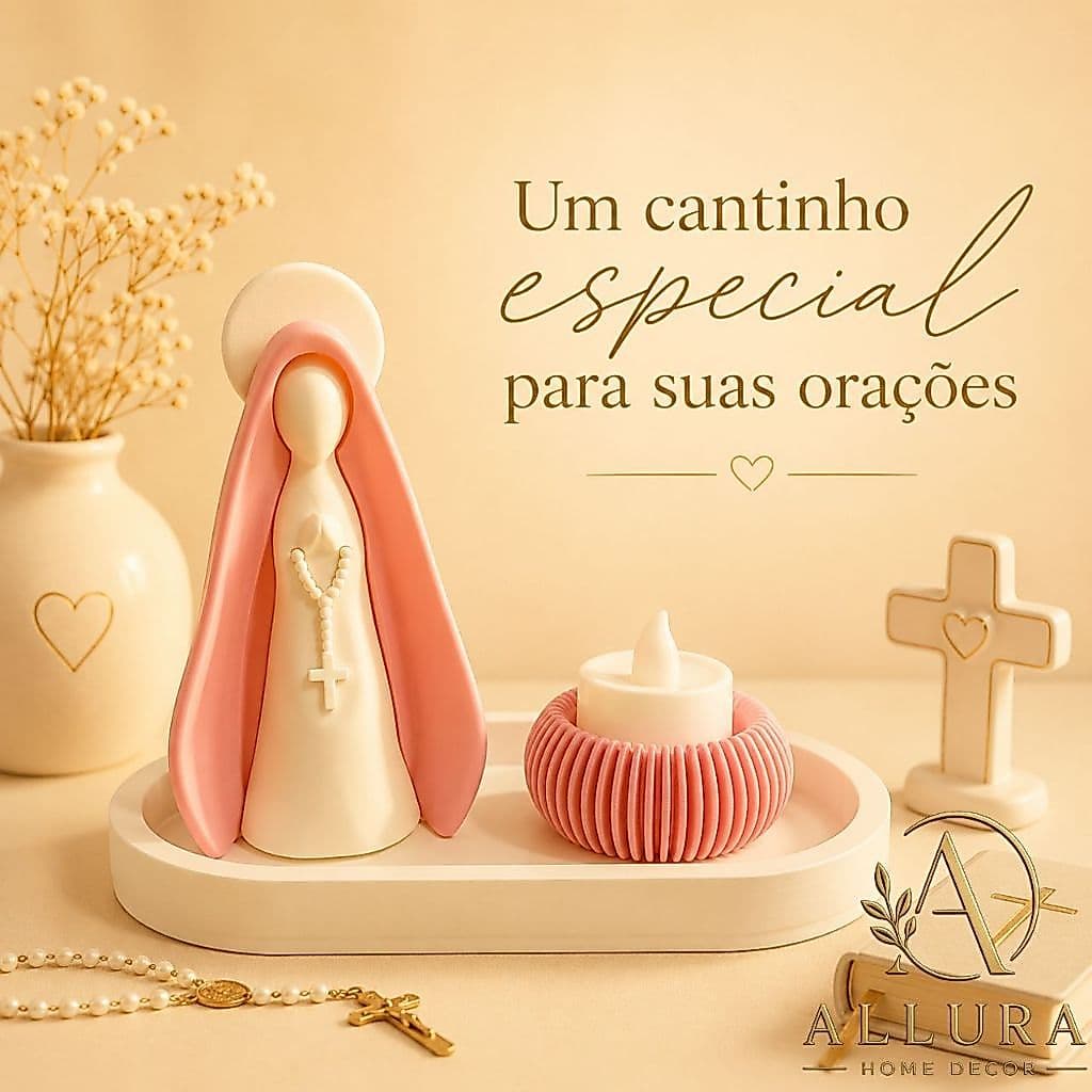 Nossa Senhora Kit Presente Oração Manto Rosa Bebê com Bandeja e Vela Led Minimalista