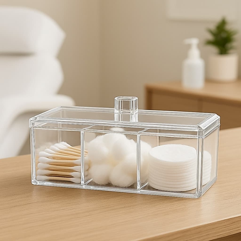 Organizador Multiuso Porta Algodão Acrílico 3 Divisão Banheiro N714 Niquelart